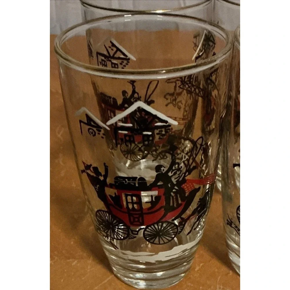 Vintage 1950s Libbey Stagecoach Horses Christmas Glasses, Set Of‎ 4, Gold Rim